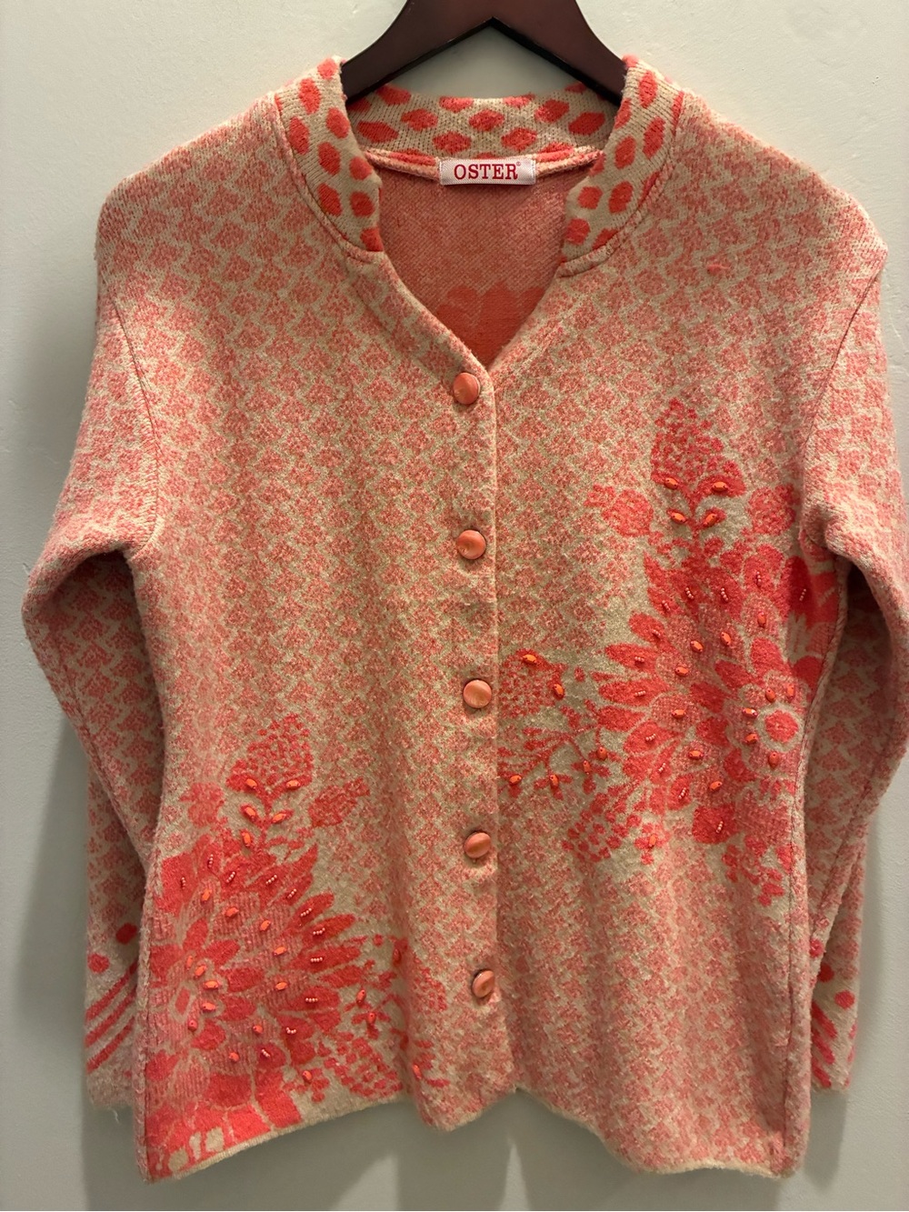 Vintage 1990s Oster Coral and Cream beaded Floral Knit Cardigan